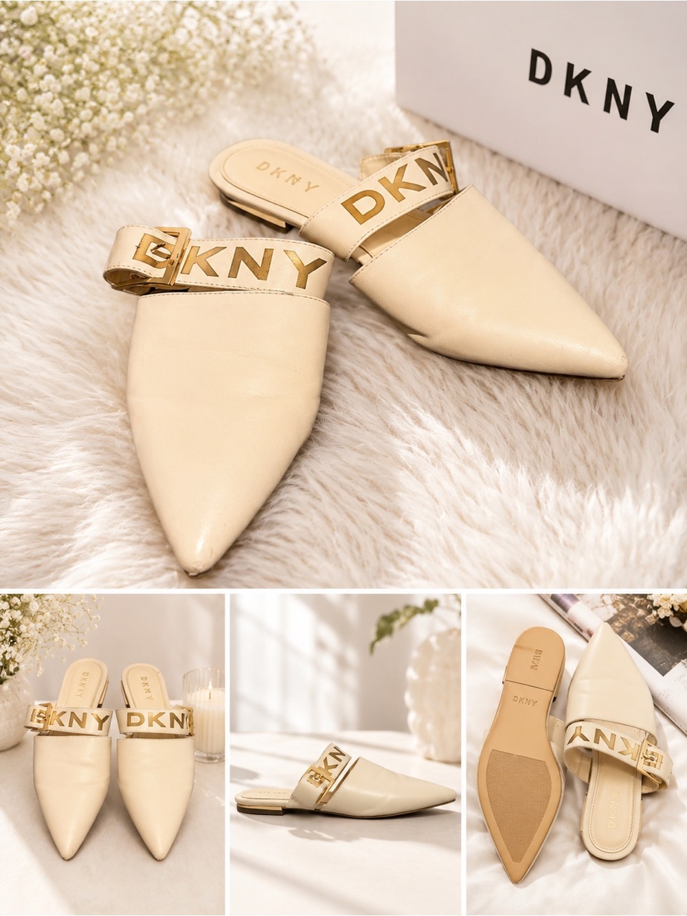 DKNY Cream Pointed Toe Slip-On Mules with Gold Logo Strap